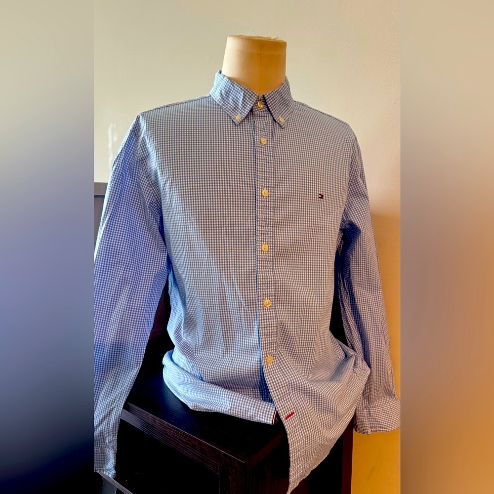 Tommy Hilfiger Blue White Plaid Shirt Slim Fit L Casual Shirt